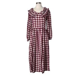 Tach Lulu Plaid Flannel Midi Dress Cottagecore Ruffle Collar